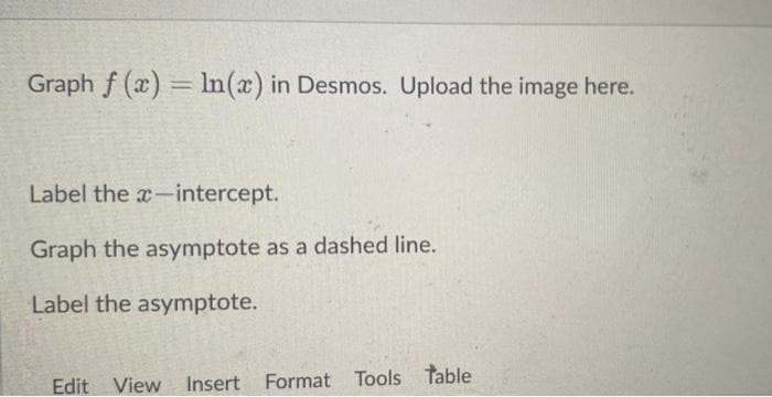 Graph f(x) = ln(x) in Desmos. Upload the image here.
Label the x-intercept.
Graph the asymptote as a dashed line.
Label the asymptote.
Edit View Insert Format Tools Table