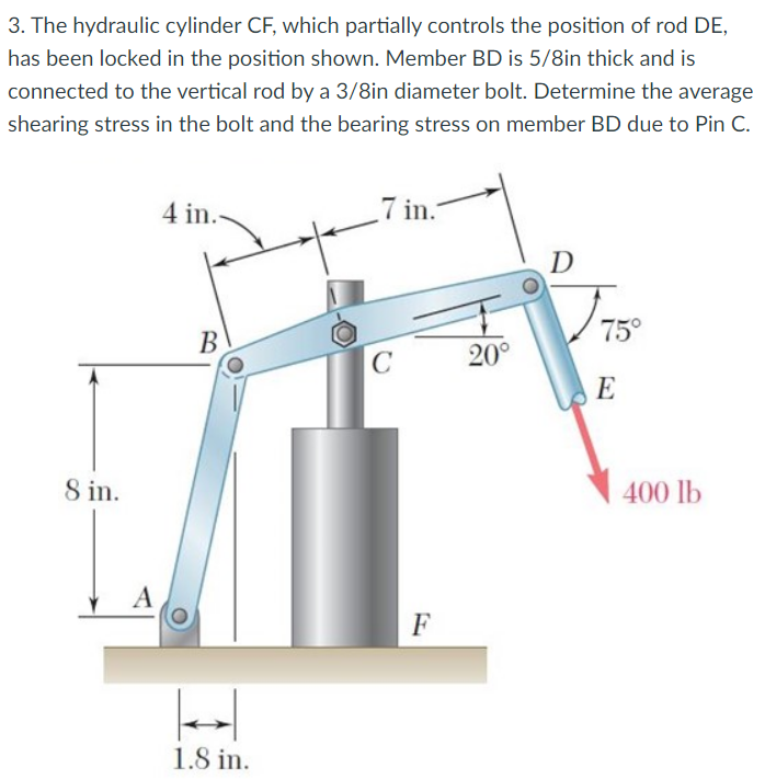 3. The hydraulic cylinder CF, which partially controls the position of rod DE,
has been locked in the position shown. Member BD is 5/8in thick and is
connected to the vertical rod by a 3/8in diameter bolt. Determine the average
shearing stress in the bolt and the bearing stress on member BD due to Pin C.
4 in.-
7 in.
D
75°
В
C
20°
E
8 in.
400 lb
A
F
1.8 in.
