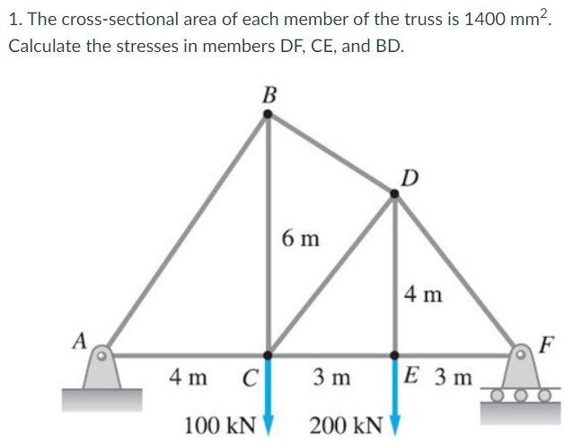 1. The cross-sectional area of each member of the truss is 1400 mm2.
Calculate the stresses in members DF, CE, and BD.
В
D
6 m
4 m
A
F
4 m
C
3 m
Е 3m
100 kN
200 kN
