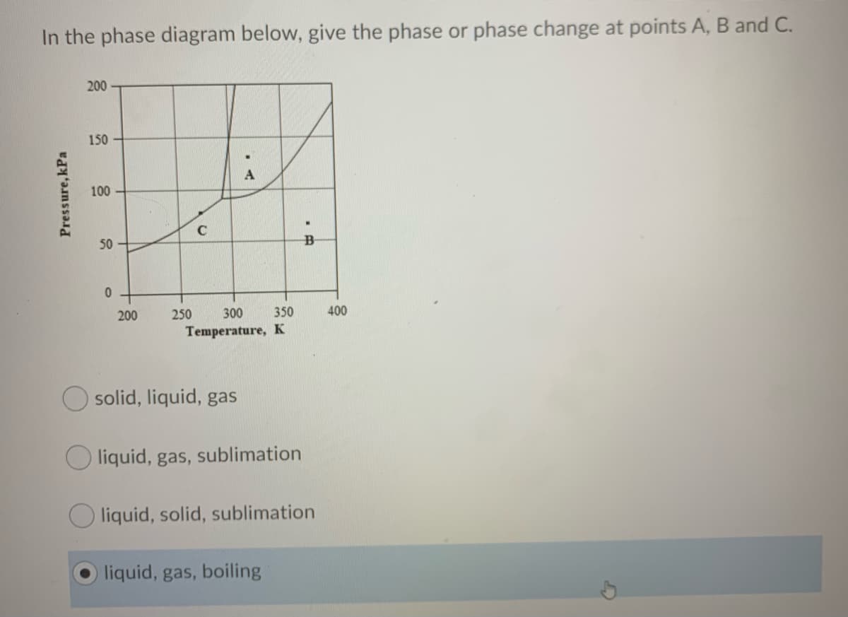 In the phase diagram below, give the phase or phase change at points A, B and C.
200
150
100
50
200
250
300
350
400
Temperature, K
solid, liquid, gas
O liquid, gas, sublimation
liquid, solid, sublimation
liquid, gas, boiling
Pressure, kPa
