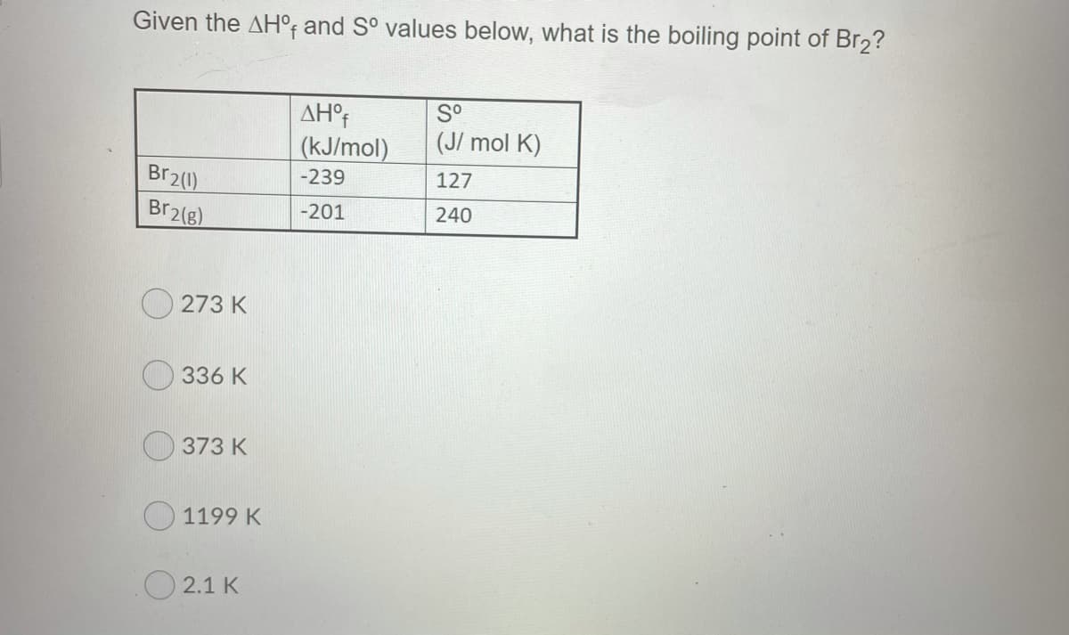 Given the AH°¢ and S° values below, what is the boiling point of Br2?
So
AH°f
(kJ/mol)
(J/ mol K)
Br2(1)
-239
127
Br2(g)
-201
240
O 273 K
336 K
373 K
1199 K
O 2.1 K
