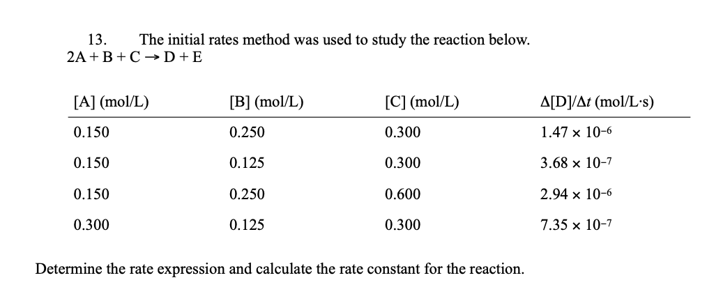 13.
The initial rates method was used to study the reaction below.
2A +B + C →D+E
[A] (mol/L)
[B] (mol/L)
[C] (mol/L)
A[D]/At (mol/L·s)
0.150
0.250
0.300
1.47 x 10-6
0.150
0.125
0.300
3.68 x 10-7
0.150
0.250
0.600
2.94 x 10-6
0.300
0.125
0.300
7.35 x 10-7
Determine the rate expression and calculate the rate constant for the reaction.
