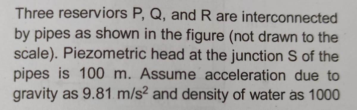 Three reserviors P, Q, and R are interconnected
by pipes as shown in the figure (not drawn to the
scale). Piezometric head at the junction S of the
pipes is 100 m. Assume acceleration due to
gravity as 9.81 m/s² and density of water as 1000