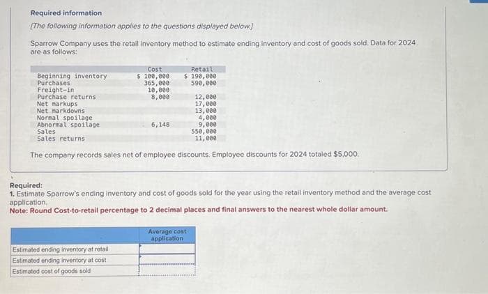 Required information
[The following information applies to the questions displayed below.]
Sparrow Company uses the retail inventory method to estimate ending inventory and cost of goods sold. Data for 2024
are as follows:
Beginning inventory
Purchases
Freight-in
Purchase returns
Net markups
Net markdowns
Normal spoilage
Abnormal spoilage
Sales
Sales returns
Cost
$ 100,000
365,000
10,000
8,000
6,148
Estimated ending inventory at retail
Estimated ending inventory at cost
Estimated cost of goods sold
Retail
$190,000
590,000
12,000
17,000
13,000
4,000
9,000
The company records sales net of employee discounts. Employee discounts for 2024 totaled $5,000.
550,000
11,000
Required:
1. Estimate Sparrow's ending inventory and cost of goods sold for the year using the retail inventory method and the average cost
application.
Note: Round Cost-to-retail percentage to 2 decimal places and final answers to the nearest whole dollar amount.
Average cost
application