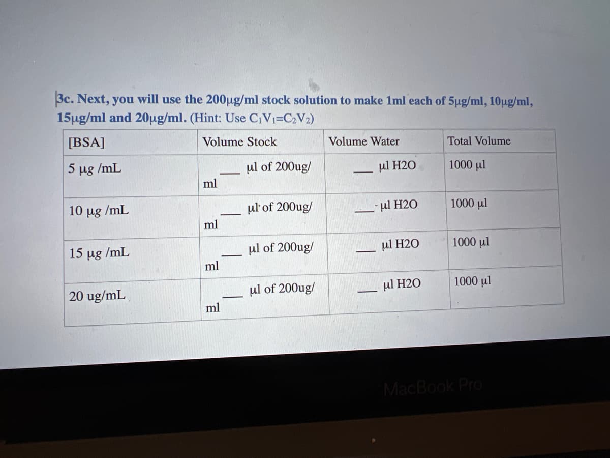 3c. Next, you will use the 200µg/ml stock solution to make 1ml each of 5ug/ml, 10µg/ml,
15µg/ml and 20µg/ml. (Hint: Use C₁V₁=C₂V₂)
[BSA]
Volume Stock
5 µg/mL
10
μg
/mL
15 µg/mL
20 ug/mL
ml
ml
ml
ml
ul of 200ug/
ul' of 200ug/
μl of 200ug/
ul of 200ug/
Volume Water
μl H20
μl H2O
μl H2O
ul H20
Total Volume
1000 μl
1000 μl
1000 μl
1000 μl
MacBook Pro