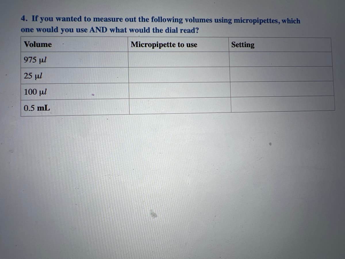 4. If you wanted to measure out the following volumes using micropipettes, which
one would you use AND what would the dial read?
Volume
Micropipette to use
975 µl
25 μl
100 μι
0.5 mL
Setting