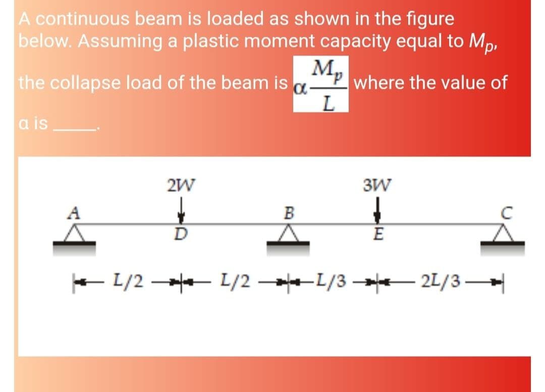 A continuous beam is loaded as shown in the figure
below. Assuming a plastic moment capacity equal to Mp,
the collapse load of the beam is
M,
where the value of
a is
2W
3W
A
B
D
E L/2 L/2 -L/3 – 2L/3
