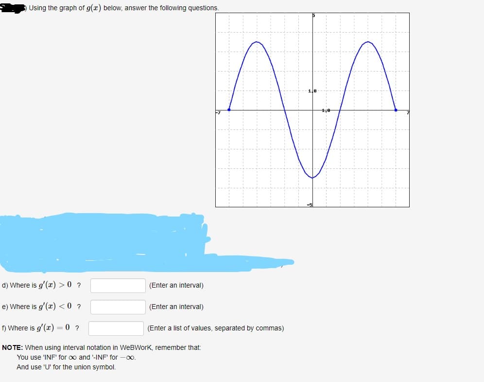 Using the graph of g(x) below, answer the following questions.
d) Where is g'(x) > 0 ?
e) Where is g'(x) < 0 ?
f) Where is g'(x) = 0 ?
(Enter an interval)
(Enter an interval)
NA
(Enter a list of values, separated by commas)
NOTE: When using interval notation in WeBWork, remember that:
You use 'INF' for ∞ and '-INF' for -∞o.
And use 'U' for the union symbol.