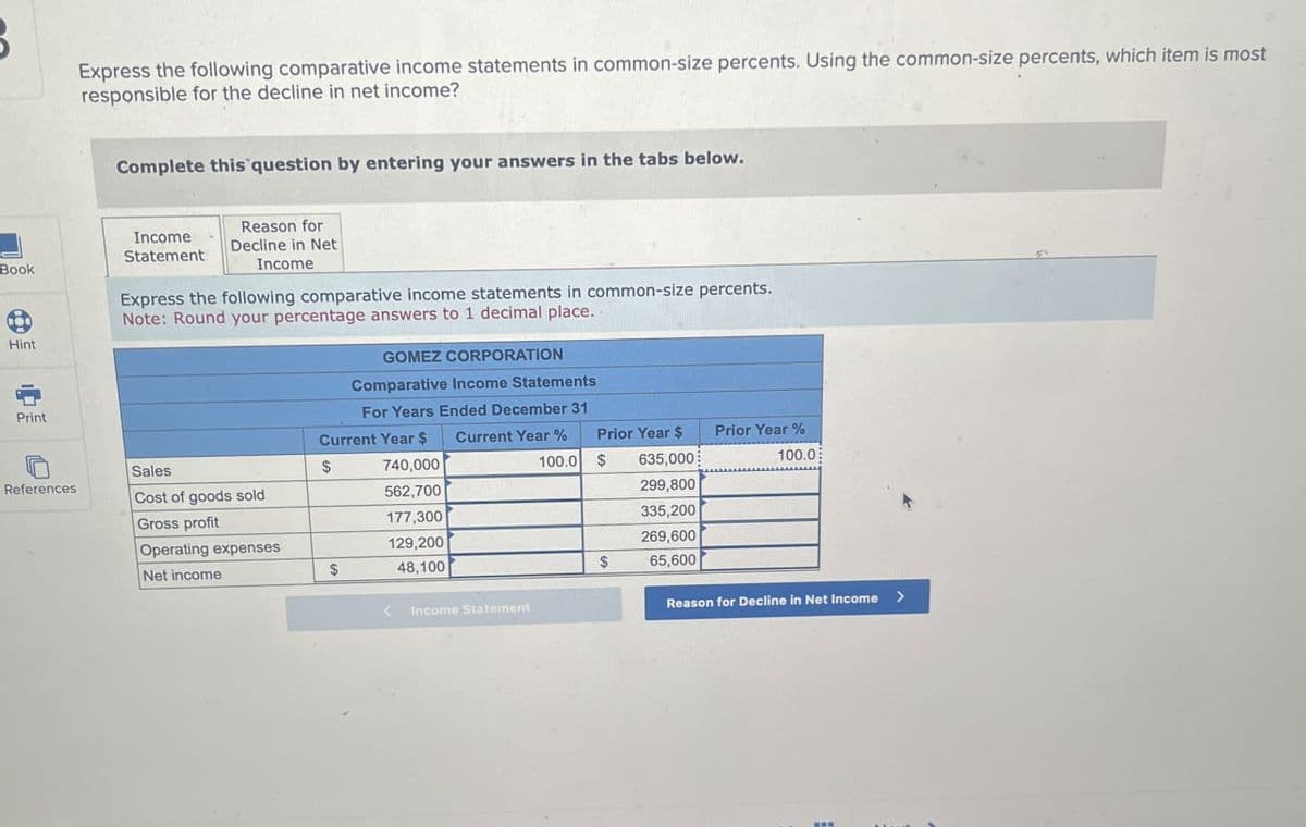 5
Book
Hint
Express the following comparative income statements in common-size percents. Using the common-size percents, which item is most
responsible for the decline in net income?
Complete this question by entering your answers in the tabs below.
Income
Statement
Reason for
Decline in Net
Income
Express the following comparative income statements in common-size percents.
Note: Round your percentage answers to 1 decimal place.
GOMEZ CORPORATION
Comparative Income Statements
Print
For Years Ended December 31
Current Year $ Current Year %
Prior Year $
Prior Year %
包
Sales
$
740,000
100.0
$
635,000
100.0
References
Cost of goods sold
562,700
299,800
Gross profit
177,300
335,200
Operating expenses
129,200
269,600
Net income
$
48,100
$
65,600
Income Statement
Reason for Decline in Net Income
>