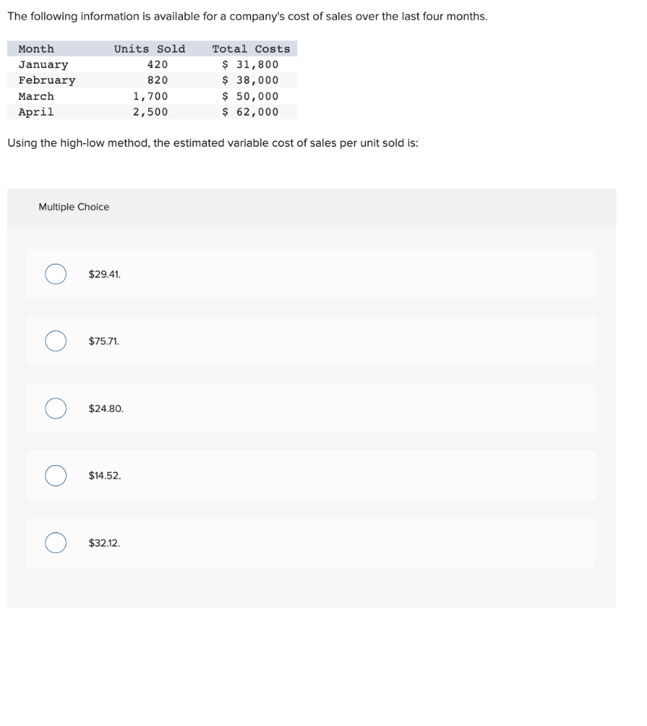 The following information is available for a company's cost of sales over the last four months.
Month
January
February
March
April
Multiple Choice
O
Units Sold
420
820
Using the high-low method, the estimated variable cost of sales per unit sold is:
O
$29.41.
$75.71.
$24.80.
$14.52.
1,700
2,500
$32.12.
Total Costs
$ 31,800
$ 38,000
$ 50,000
$ 62,000