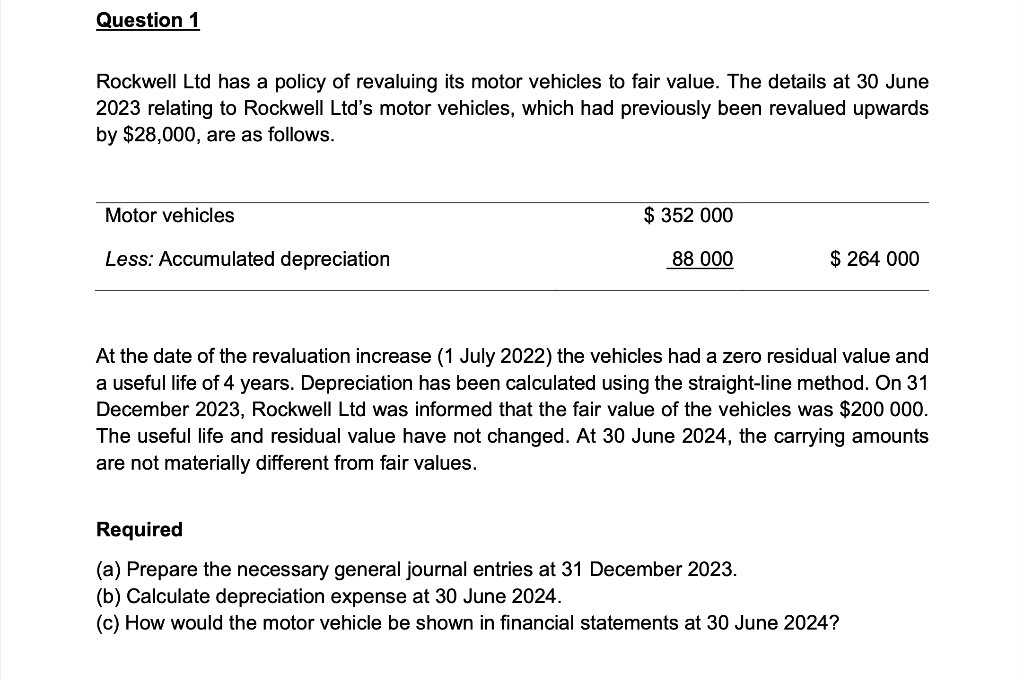 Question 1
Rockwell Ltd has a policy of revaluing its motor vehicles to fair value. The details at 30 June
2023 relating to Rockwell Ltd's motor vehicles, which had previously been revalued upwards
by $28,000, are as follows.
Motor vehicles
Less: Accumulated depreciation
$ 352 000
88 000
$ 264 000
At the date of the revaluation increase (1 July 2022) the vehicles had a zero residual value and
a useful life of 4 years. Depreciation has been calculated using the straight-line method. On 31
December 2023, Rockwell Ltd was informed that the fair value of the vehicles was $200 000.
The useful life and residual value have not changed. At 30 June 2024, the carrying amounts
are not materially different from fair values.
Required
(a) Prepare the necessary general journal entries at 31 December 2023.
(b) Calculate depreciation expense at 30 June 2024.
(c) How would the motor vehicle be shown in financial statements at 30 June 2024?