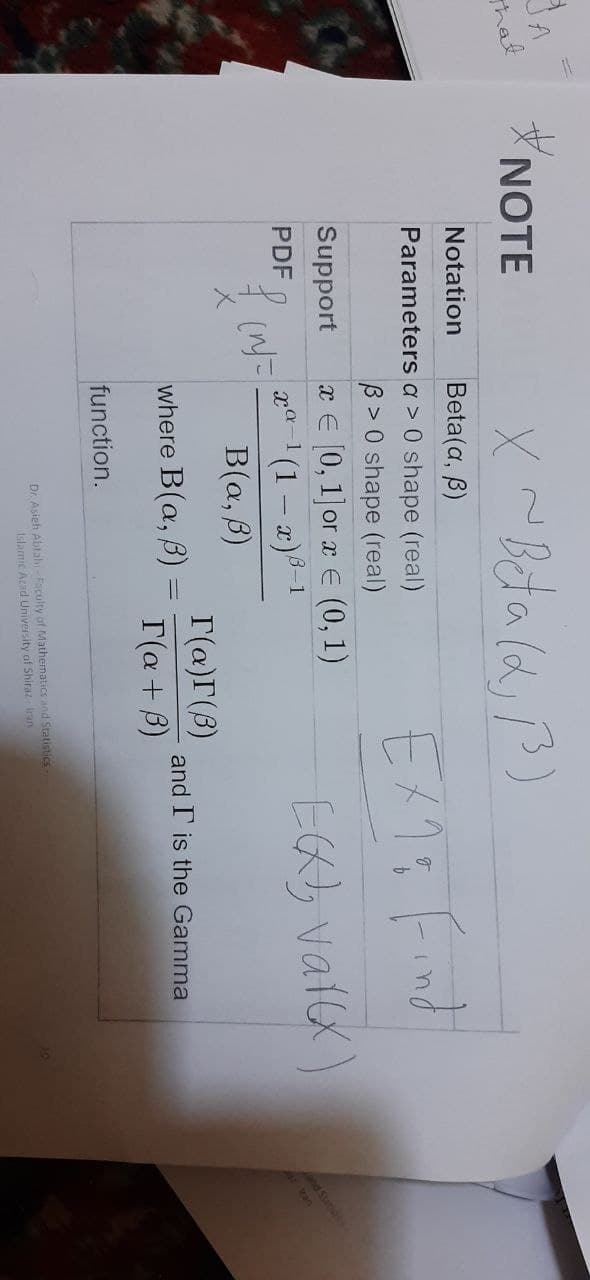 That
X NOTE
Notation
Beta(a, B)
Parameters a > 0 shape (real)
E715 find
B> 0 shape (real)
x E [0, 1]or a E (0, 1)
'(1 – a)8–1
Support
EGAb valx)
PDF
B-1
nd Stata
ran
B(a, B)
where B(a, B) =
I(a)r(3)
and I' is the Gamma
T(a+ 3)
function.
Dr. Asieh Abtahi-Faculty of Mathematics and Statistics
Islamic Acad University of Shiraz Iran

