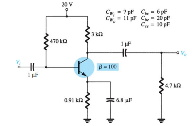 20 V
= 7 pF Cbe = 6 pF
Cwi
%3D
Cw, =
11 pF Che = 20 pF
%3D
Cce = 10 pF
3 kN
470 kQ
1 µF
Vị
B = 100
1 μF
4.7 kQ
0.91 k2
6.8 μF
