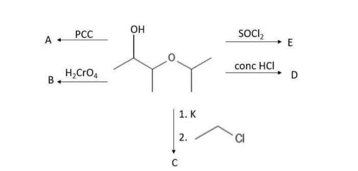 A
B
PCC
H₂CrO 4
OH
1. K
2.
C
SOCI₂
conc HCI
CI
D