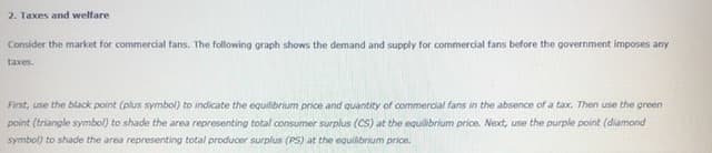 2. Taxes and welfare
Consider the market for commercial fans. The following graph shows the demand and supply for commercial fans before the government imposes any
taxes.
First, use the black point (plus symbol) to indicate the equilibrium price and quantity of commercial fans in the absence of a tax. Then use the green
point (triangle symbol) to shade the area representing total consumer surplus (CS) at the equilbrium price. Next, use the purple point (diamond
symbol) to shade the area representing total producer surplus (PS) at the equilibrium price.

