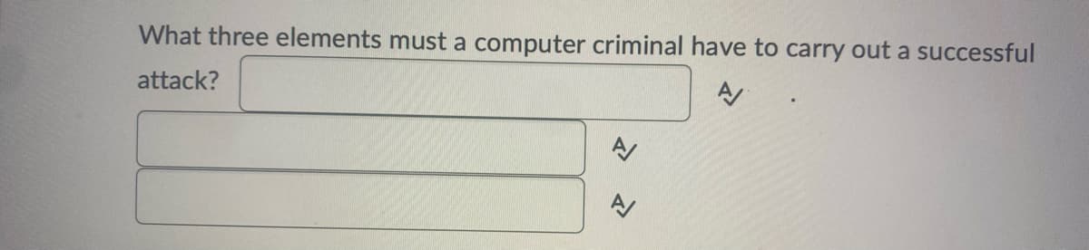 What three elements must a computer criminal have to carry out a successful
attack?
A/
신
✓