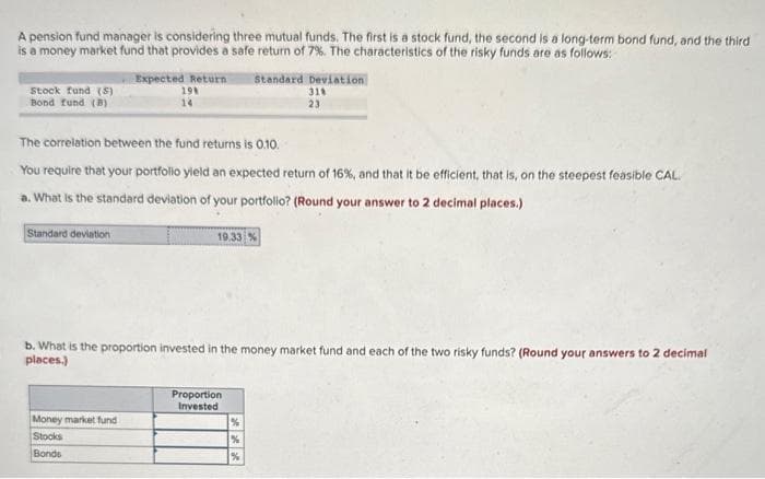 A pension fund manager is considering three mutual funds. The first is a stock fund, the second is a long-term bond fund, and the third
is a money market fund that provides a safe return of 7%. The characteristics of the risky funds are as follows:
Stock fund (S)
Bond fund (B)
The correlation between the fund returns is 0.10.
You require that your portfolio yield an expected return of 16%, and that it be efficient, that is, on the steepest feasible CAL.
a. What is the standard deviation of your portfolio? (Round your answer to 2 decimal places.)
Standard deviation
Expected Return Standard Deviation
198
31%
23
14
Money market fund
Stocks
Bonds
19.33 %
b. What is the proportion invested in the money market fund and each of the two risky funds? (Round your answers to 2 decimal
places.)
Proportion
Invested