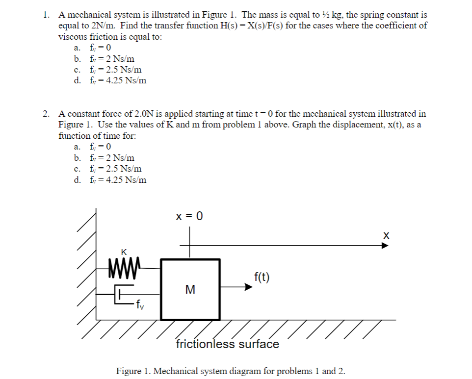 1. A mechanical system is illustrated in Figure 1. The mass is equal to ½ kg, the spring constant is
equal to 2N/m. Find the transfer function H(s) =X(s)/F(s) for the cases where the coefficient of
viscous friction is equal to:
a. f = 0
b. fr = 2 Ns/m
c. f = 2.5 Ns/m
d. fe = 4.25 Ns/m
2. A constant force of 2.0N is applied starting at time t=0 for the mechanical system illustrated in
Figure 1. Use the values of K and m from problem 1 above. Graph the displacement, x(t), as a
function of time for:
a. f = 0
b. fr = 2 Ns/m
c. f = 2.5 Ns/m
d. f = 4.25 Ns/m
x = 0
K
WW
f(t)
M
fy
frictionless surface
