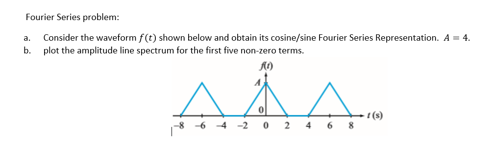 Fourier Series problem:
Consider the waveform f (t) shown below and obtain its cosine/sine Fourier Series Representation. A = 4.
b.
a.
plot the amplitude line spectrum for the first five non-zero terms.
AÅA.
t (s)
-6
-2
4
6 8
