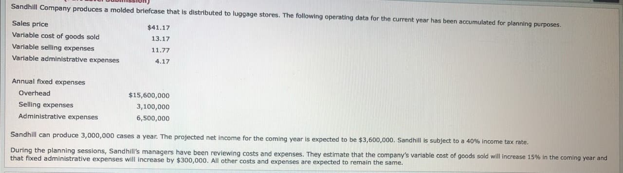 Sandhill Company produces a molded briefcase that is distributed to luggage stores. The following operating data for the current year has been accumulated for planning purposes.
$41.17
Sales price
Variable cost of goods sold
Variable selling expenses
Variable administrative expenses
13.17
11.77
4.17
Annual fixed expenses
$15,600,000
Overhead
Selling expenses
3,100,000
6,500,000
Administrative expenses
Sandhill can produce 3,000,000 cases a year. The projected net income for the coming year is expected to be $3,600,000. Sandhill is subject to a 40% income tax rate.
During the planning sessions, Sandhill's managers have been reviewing costs and expenses. They estimate that the company's variable cost of goods sold will increase 15% in the coming year and
that fixed administrative expenses will increase by $300,000. All other costs and expenses are expected to remain the same.
