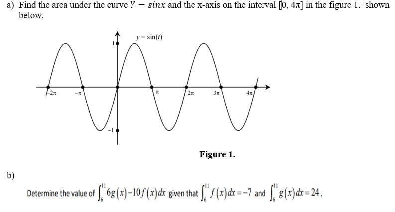 a) Find the area under the curve Y = sinx and the x-axis on the interval [0, 4л] in the figure 1. shown
below.
b)
y=sin(t)
ала
3m
Figure 1.
4x
Determine the value of [6g (x)-10f (x)dx given that ["'ƒ (x)dx=-7 and ["g(x) dx = 24.