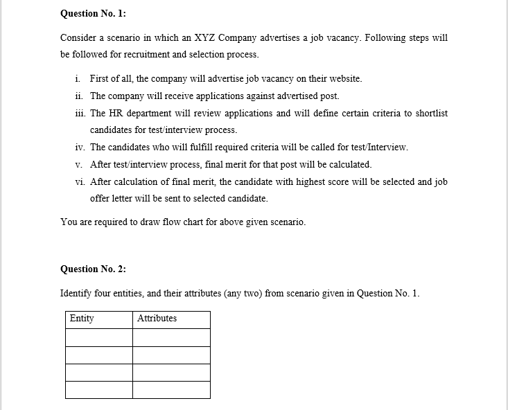 Question No. 1:
Consider a scenario in which an XYZ Company advertises a job vacancy. Following steps will
be followed for recruitment and selection process.
i. First of all, the company will advertise job vacancy on their website.
ii. The company will receive applications against advertised post.
iii. The HR department will review applications and will define certain criteria to shortlist
candidates for test/interview process.
iv. The candidates who will fulfill required criteria will be called for test/Interview.
v. After test/interview process, final merit for that post will be calculated.
vi. After calculation of final merit, the candidate with highest score will be selected and job
offer letter will be sent to selected candidate.
You are required to draw flow chart for above given scenario.
Question No. 2:
Identify four entities, and their attributes (any two) from scenario given in Question No. 1.
Entity
Attributes
