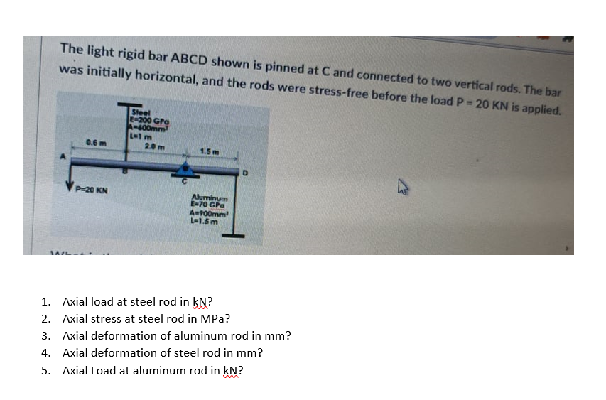 The light rigid bar ABCD shown is pinned at C and connected to two vertical rods. The bar
was initially horizontal, and the rods were stress-free before the load P= 20 KN is applied.
Sleel
E-200 GPa
A-400mm
L1 m
2.0 m
0.6 m
1.5m
P-20 KN
Aluminum
E70 GPa
A-900mm
L-1.5 m
1. Axial load at steel rod in kN?
2. Axial stress at steel rod in MPa?
3. Axial deformation of aluminum rod in mm?
4. Axial deformation of steel rod in mm?
5. Axial Load at aluminum rod in kN?
