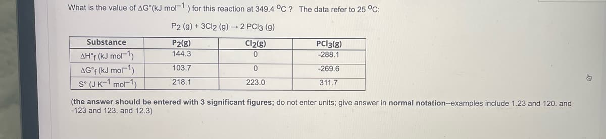 What is the value of AG (kJ mol-1) for this reaction at 349.4 °C? The data refer to 25 °C:
P2 (g) + 3Cl2 (g) → 2 PC13 (9)
Substance
PC13(g)
P2(g)
144.3
Cl₂(g)
0
-288.1
AHᵒf (kJ mol-1)
103.7
0
-269.6
AG°f (kJ mol-1)
♡
S° (JK-1 mol-1)
218.1
223.0
311.7
(the answer should be entered with 3 significant figures; do not enter units; give answer in normal notation--examples include 1.23 and 120. and
-123 and 123. and 12.3)