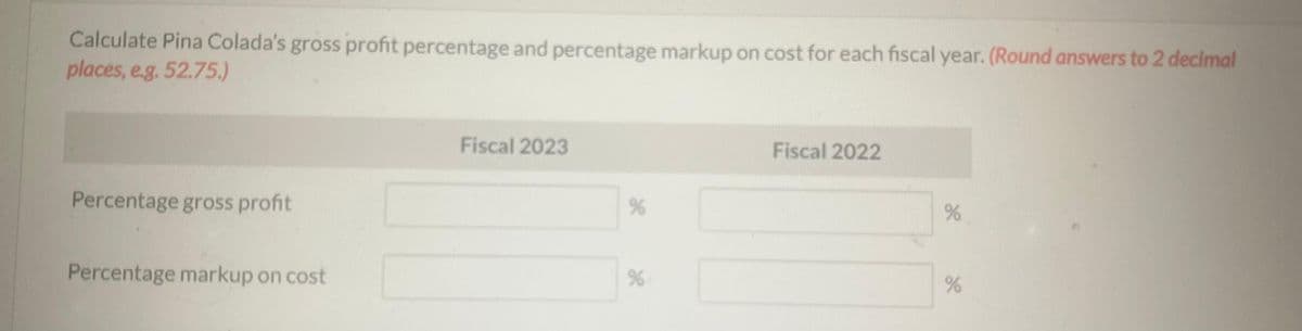 Calculate Pina Colada's gross profit percentage and percentage markup on cost for each fiscal year. (Round answers to 2 decimal
places, e.g. 52.75.)
Percentage gross profit
Percentage markup on cost
Fiscal 2023
%
%
Fiscal 2022
%
%