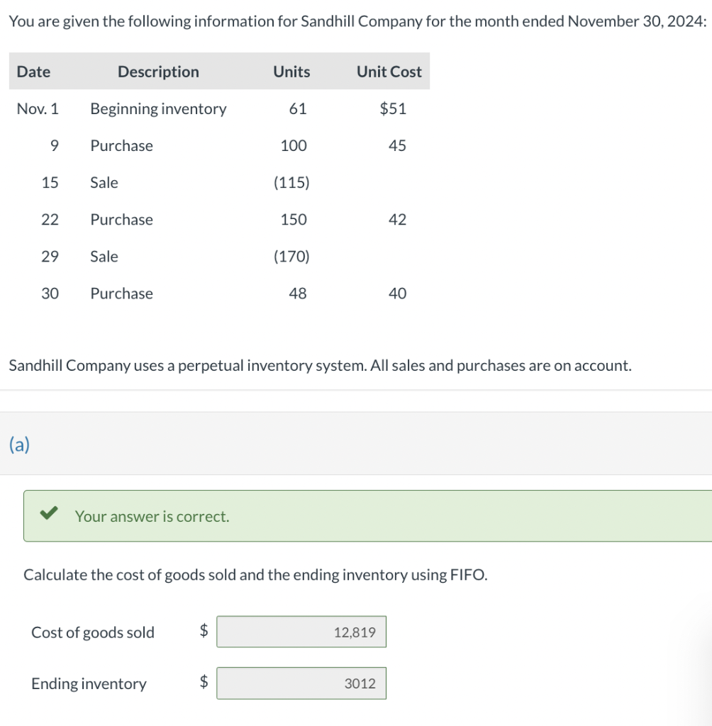 You are given the following information for Sandhill Company for the month ended November 30, 2024:
Date
Nov. 1
9
(a)
15
22
29
30
Description
Beginning inventory
Purchase
Sale
Purchase
Sale
Purchase
Your answer is correct.
Cost of goods sold
Ending inventory
Units
$
61
$
100
(115)
150
(170)
48
Sandhill Company uses a perpetual inventory system. All sales and purchases are on account.
Unit Cost
Calculate the cost of goods sold and the ending inventory using FIFO.
$51
12,819
45
3012
42
40