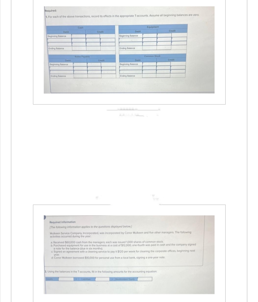 Required:
1. For each of the above transactions, record its effects in the appropriate T-accounts. Assume all beginning balances are zero.
Debit
Beginning Balance
Ending Balance
Debit
Beginning Balance
Ending Balance
Cash
Notes Payable
Credit
Credit
Beginning Balance
Ending Balance
Debit
Ending Balance
Debit
Beginning Balance
Equipment
Common Stock
Required information
[The following information applies to the questions displayed below.)
Mulkeen Service Company, Incorporated, was incorporated by Conor Mulkeen and five other managers. The following
activities occurred during the year:
year.
d. Conor Mulkeen borrowed $10,000 for personal use from a local bank, signing a one-year note.
Stockholders' Equity
Credit
a. Received $60,000 cash from the managers; each was issued 1,000 shares of common stock.
b. Purchased equipment for use in the business at a cost of $12,000; one-fourth was paid in cash and the company signed
a note for the balance (due in six months).
c. Signed an agreement with a cleaning service to pay it $120 per week for cleaning the corporate offices, beginning next
2. Using the balances in the T-accounts, fill in the following amounts for the accounting equation:
Credit
