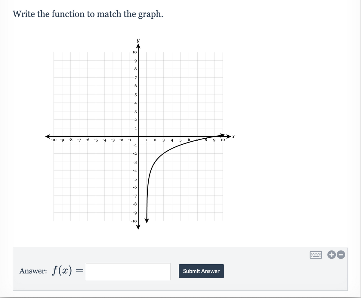 Write the function to match the graph.
y
10
9.
8
7
6.
4
3
2
-10
-9
-8 -7
-6
-5
-4
-3
-2
-1
1
2
3
4
9
10
-1
-2
-3
-4
-5
-6
-7
-8
-9
-10
Answer: f(x):
Submit Answer
