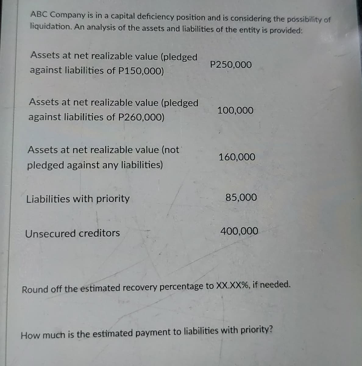 ABC Company is in a capital deficiency position and is considering the possibility of
liquidation. An analysis of the assets and liabilities of the entity is provided:
Assets at net realizable value (pledged
P250,000
against liabilities of P150,000)
Assets at net realizable value (pledged
100,000
against liabilities of P260,000)
Assets at net realizable value (not
160,000
pledged against any liabilities)
Liabilities with priority
85,000
Unsecured creditors
400,000
Round off the estimated recovery percentage to XX.XX%, if needed.
How much is the estimated payment to liabilities with priority?
