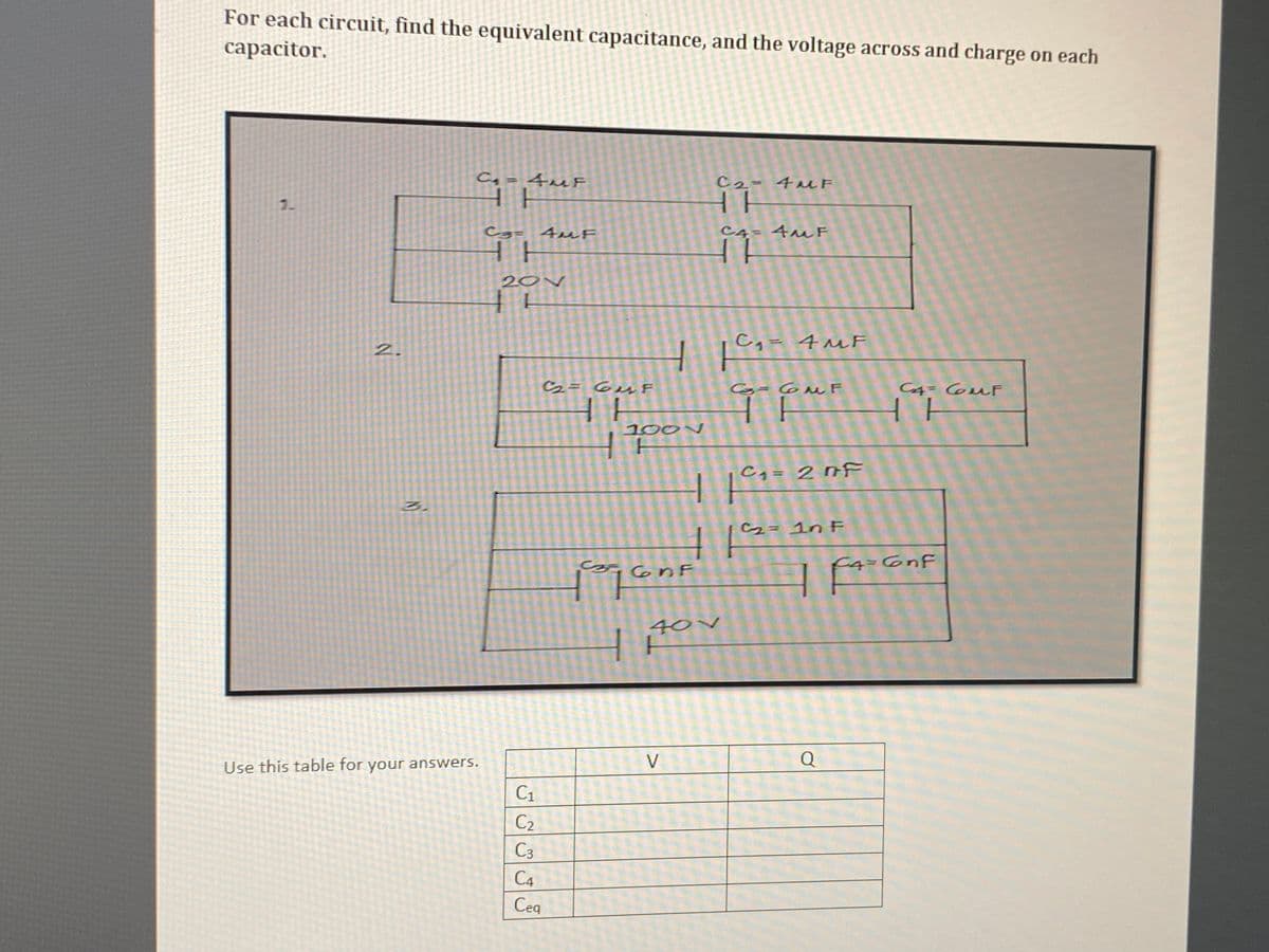 For each circuit, find the equivalent capacitance, and the voltage across and charge on each
сараcitor.
Cq = 4uF
HH
C2-4NF
Cg= 4mF
HH
C4= 4mF
20V
Z.
Cg= 4 MF
2= Gu F
C4= 6uF
100V
C4 = 2 nF
C2= 1n F
S on F
C4=6nF
40V
Use this table for your answers.
V
Q
C1
C2
C3
C4
Ceq
