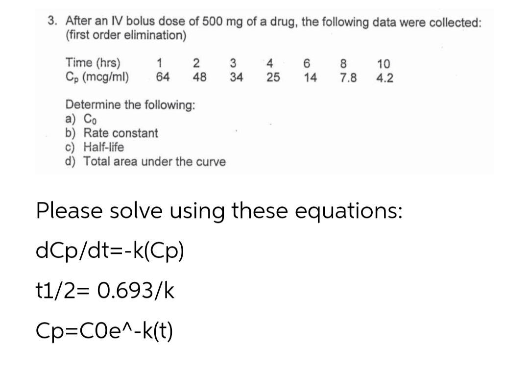 3. After an IV bolus dose of 500 mg of a drug, the following data were collected:
(first order elimination)
Time (hrs)
Cp (mcg/ml)
1
64
2 3 4
48
34
Determine the following:
a) Co
b) Rate constant
c) Half-life
d) Total area under the curve
87
6
10
25 14 7.8 4.2
Please solve using these equations:
dCp/dt=-k(Cp)
t1/2= 0.693/k
Cp=C0e^-k(t)