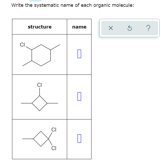 Write the systematic name of each organic molecule:
structure
name
CI
CI
CI
CI
