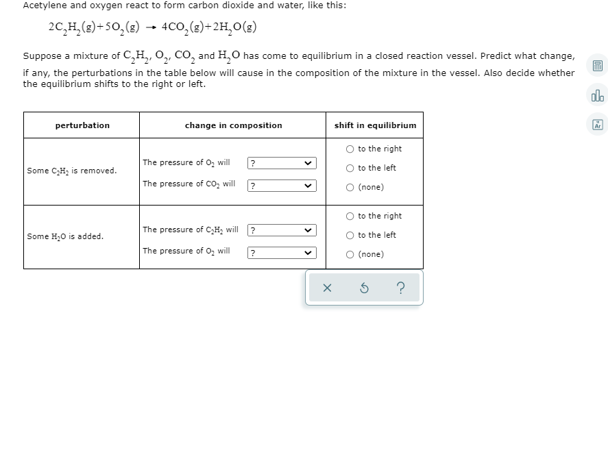 ---

### Acetylene and Oxygen Reaction to Form Carbon Dioxide and Water

Acetylene and oxygen react to form carbon dioxide and water, as represented by the balanced chemical equation:

\[ 2C_2H_2(g) + 5O_2(g) \rightarrow 4CO_2(g) + 2H_2O(g) \]

Suppose a mixture of \( C_2H_2 \), \( O_2 \), \( CO_2 \), and \( H_2O \) has come to equilibrium in a closed reaction vessel. Predict what change, if any, the perturbations in the table below will cause in the composition of the mixture in the vessel. Also decide whether the equilibrium shifts to the right or left.

#### Perturbations Table

| Perturbation                | Change in Composition                          | Shift in Equilibrium |
|-----------------------------|------------------------------------------------|----------------------|
| Some \( C_2H_2 \) is removed. | The pressure of \( O_2 \) will                 | \(\;\downarrow\;\;\;\;\;\uparrow\;\;\;\;\; (none) \)\<br> The pressure of \( CO_2 \) will                  | \(\;\downarrow\;\;\;\;\; \uparrow\;\;\;\;\; (none) \)      | \(\ \circ\;\; to the right \)<br> \(\ \circ\;\; to the left \)<br> \(\ \circ\;\; (none) \)            |
| Some \( H_2O \) is added.       | The pressure of \( C_2H_2 \) will             | \(\;\downarrow\;\;\;\;\;\uparrow\;\;\;\;\;(none) \)\<br> The pressure of \( O_2 \) will                | \(\;\downarrow\;\;\;\;\; \uparrow\;\;\;\;\;(none) \)\         | \(\ \circ\;\; to the right \)<br> \(\ \circ\;\; to the left \)<br> \(\ \circ\;\; (none) \)           |
