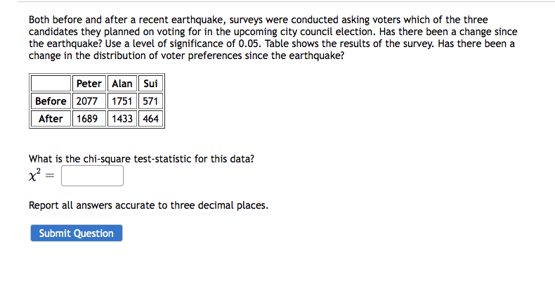 Both before and after a recent earthquake, surveys were conducted asking voters which of the three
candidates they planned on voting for in the upcoming city council election. Has there been a change since
the earthquake? Use a level of significance of 0.05. Table shows the results of the survey. Has there been a
change in the distribution of voter preferences since the earthquake?
Peter Alan Sui
Before 2077 1751 571
After 1689 1433 464
What is the chi-square test-statistic for this data?
x² =
Report all answers accurate to three decimal places.
Submit Question