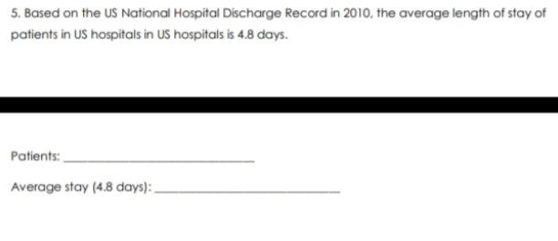 5. Based on the US National Hospital Discharge Record in 2010, the average length of stay of
patients in US hospitals in US hospitals is 4.8 days.
Patients:
Average stay (4.8 days):.