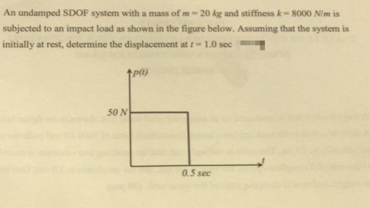 An undamped SDOF system with a mass of m= 20 kg and stiffness k=8000 N/m is
subjected to an impact load as shown in the figure below. Assuming that the system is
initially at rest, determine the displacement at t = 1.0 sec
↑p(t)
50 N
0.5 sec