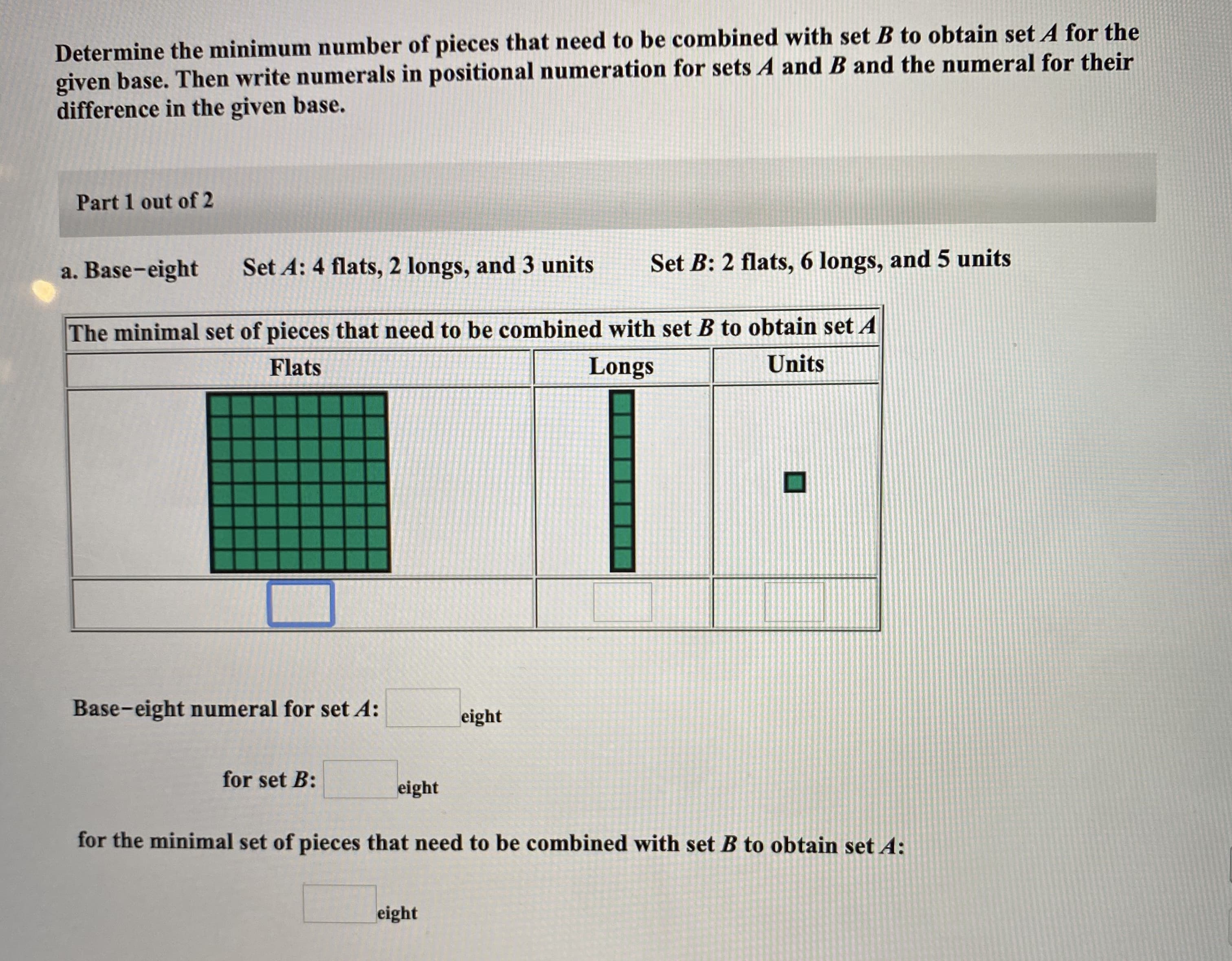 Determine the minimum number of pieces that need to be combined with set B to obtain set A for the
given base. Then write numerals in positional numeration for sets A and B and the numeral for their
difference in the given base.
Part 1 out of 2
a. Base-eight
Set A: 4 flats, 2 longs, and 3 units
Set B: 2 flats, 6 longs, and 5 units
The minimal set of pieces that need to be combined with set B to obtain set A
Flats
Longs
Units
Base-eight numeral for set A:
eight
for set B:
eight
for the minimal set of pieces that need to be combined with set B to obtain set A:
eight
