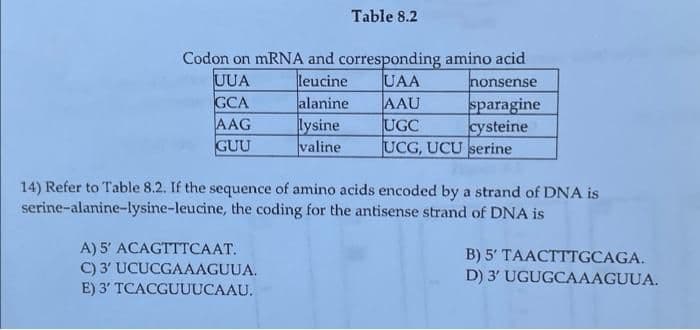 Table 8.2
Codon on mRNA and corresponding amino acid
UUA
leucine
UAA
nonsense
GCA
alanine
AAU
sparagine
AAG
lysine
UGC
cysteine
GUU
valine
UCG, UCU serine
14) Refer to Table 8.2. If the sequence of amino acids encoded by a strand of DNA is
serine-alanine-lysine-leucine, the coding for the antisense strand of DNA is
A) 5' ACAGTTTCAAT.
C) 3' UCUCGAAAGUUA.
E) 3' TCACGUUUCAAU.
B) 5' TAACTTTGCAGA.
D) 3' UGUGCAAAGUUA.