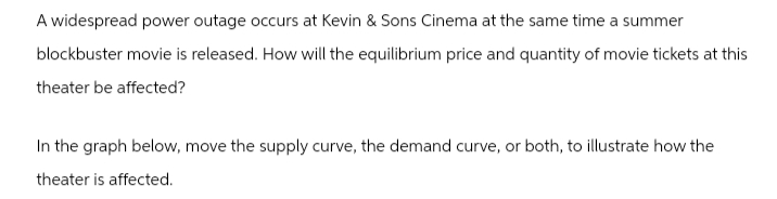 A widespread power outage occurs at Kevin & Sons Cinema at the same time a summer
blockbuster movie is released. How will the equilibrium price and quantity of movie tickets at this
theater be affected?
In the graph below, move the supply curve, the demand curve, or both, to illustrate how the
theater is affected.