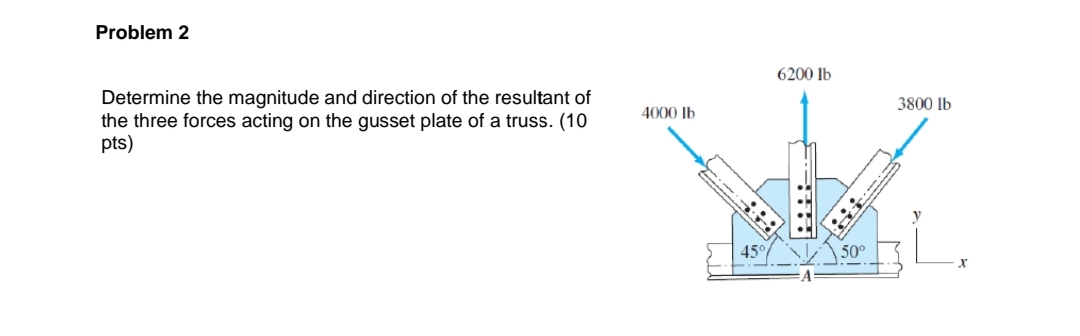 Problem 2
6200 lb
Determine the magnitude and direction of the resultant of
the three forces acting on the gusset plate of a truss. (10
pts)
3800 Ib
4000 lb
45
50°
