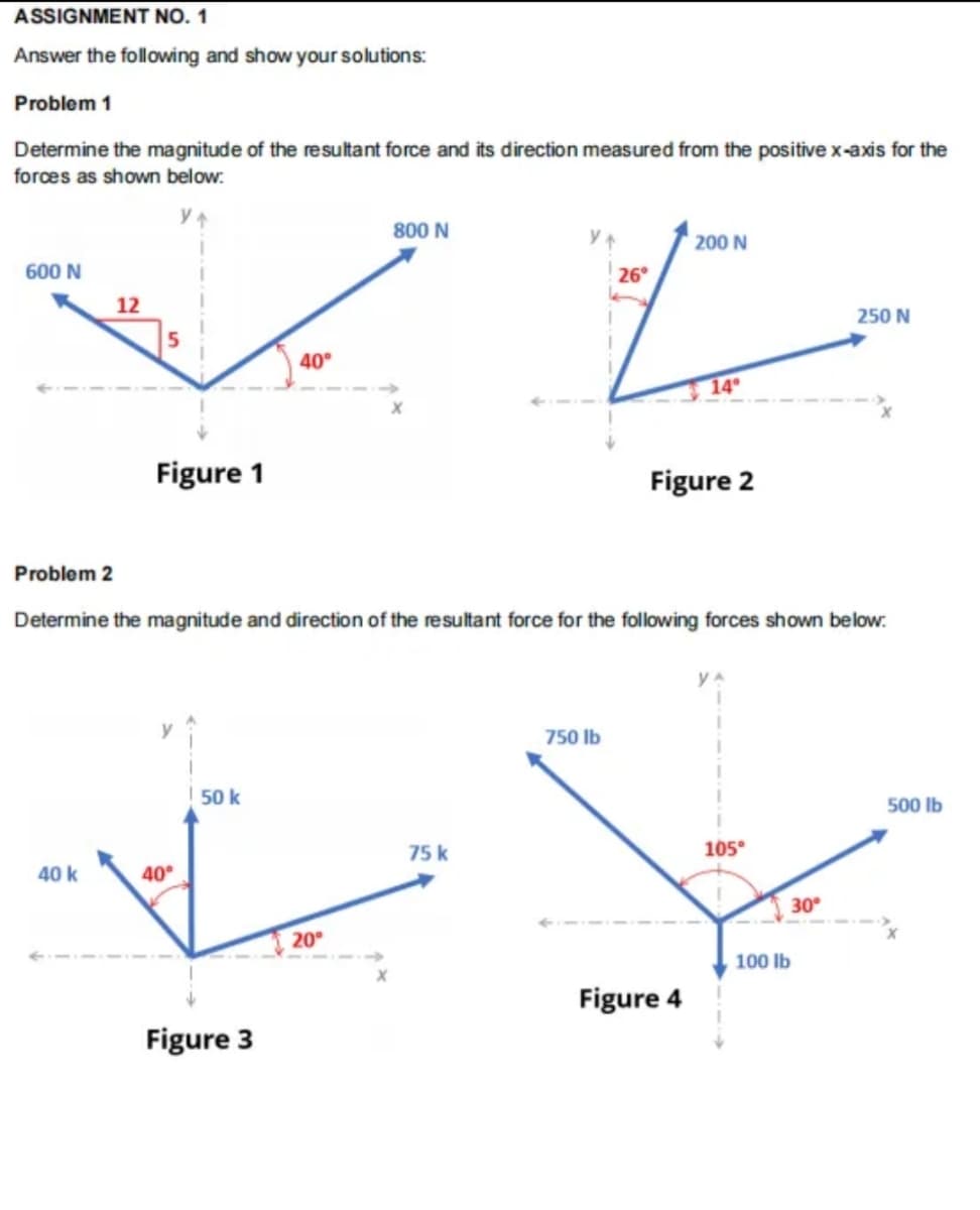 ASSIGNMENT NO. 1
Answer the following and show your solutions:
Problem 1
Determine the magnitude of the resultant force and its direction measured from the positive x-axis for the
forces as shown below.
800 N
200 N
600 N
26
12
250 N
5
40°
14°
Figure 1
Figure 2
Problem 2
Determine the magnitude and direction of the resultant force for the following forces shown below.
750 lb
50 k
500 lb
75 k
105°
40 k
40°
30°
20°
100 lb
Figure 4
Figure 3
