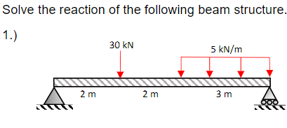 Solve the reaction of the following beam structure.
1.)
30 kN
5 kN/m
2 m
2 m
3 m
