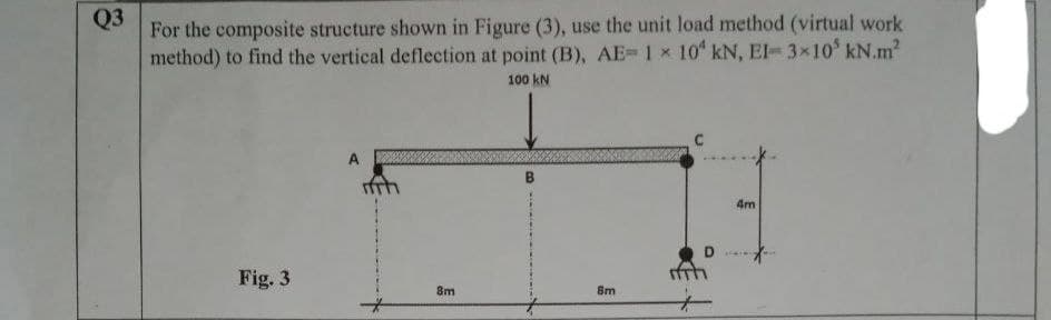 Q3
For the composite structure shown in Figure (3), use the unit load method (virtual work
method) to find the vertical deflection at point (B), AE- 1 x 10" kN, El- 3x10 kN.m2
100 kN
4m
Fig. 3
8m
Bm
