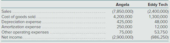 Sales ...
Cost of goods sold
Depreciation expense
Amortization expense
Other operating expenses
Net income.
Angela
(7,850,000)
4,200,000
Eddy Tech
(2,400,000)
1,300,000
48,000
12,000
425,000
250,000
75,000
(2,900,000)
53,750
(986,250)
