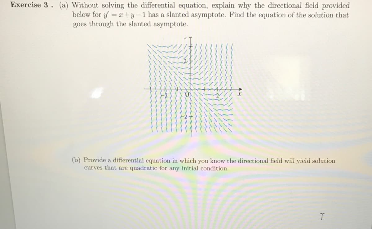 **Exercise 3:**

**(a)** Without solving the differential equation, explain why the directional field provided below for \( y' = x + y - 1 \) has a slanted asymptote. Find the equation of the solution that goes through the slanted asymptote.

*Diagram Explanation:*
The diagram provided is a directional field plot for the differential equation \( y' = x + y - 1 \). This plot illustrates the slope of the solution curves at various points \((x, y)\) in the plane. Each small line segment represents the slope \( y' \) at that point. 

**(b)** Provide a differential equation in which you know the directional field will yield solution curves that are quadratic for any initial condition.