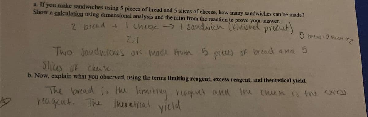 Z bread +
a. If you make sandwiches using 5 pieces of bread and 5 slices of cheese, how many sandwiches can be made?
Show a calculation using dimensional analysis and the ratio from the reaction to prove your answer.
cheese → I sandwich (kinished product)
2;1
5 bread + 5 chien
Two Jandwiches are made from
5 pieces of bread and 5
Slices of chase.
b. Now, explain what you observed, using the terms limiting reagent, excess reagent, and theoretical yield.
The bread is the limiting reagent and the cheese is the exces
reagent. The theretical yield